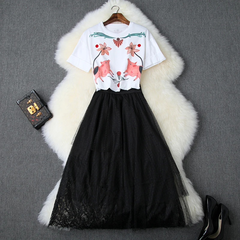 

clothing set 2019 new spring summer Womens Sets casual fashion Short sleeve O-Neck Print T shirt Top club sexy Lace skirt suit