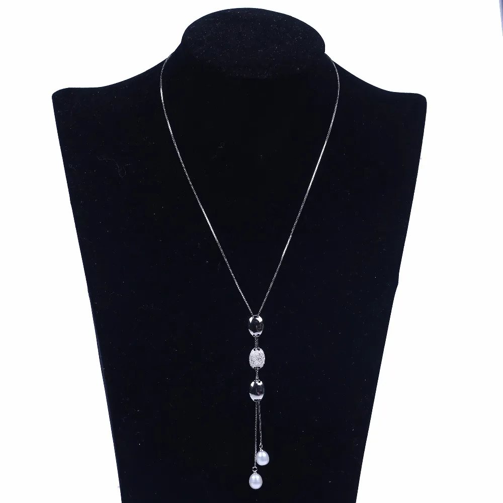 Natural rice real pearl bead necklace rhinestone 925 silver chain pendant necklace jewellery women long necklace for Christmas 