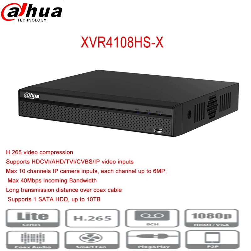 

dahua H.265 XVR 720P HDCVI/AHD/TVI/CVBS/IP video inputs Max 10 channels IP camera inputs Motion Detection Up to 10TB