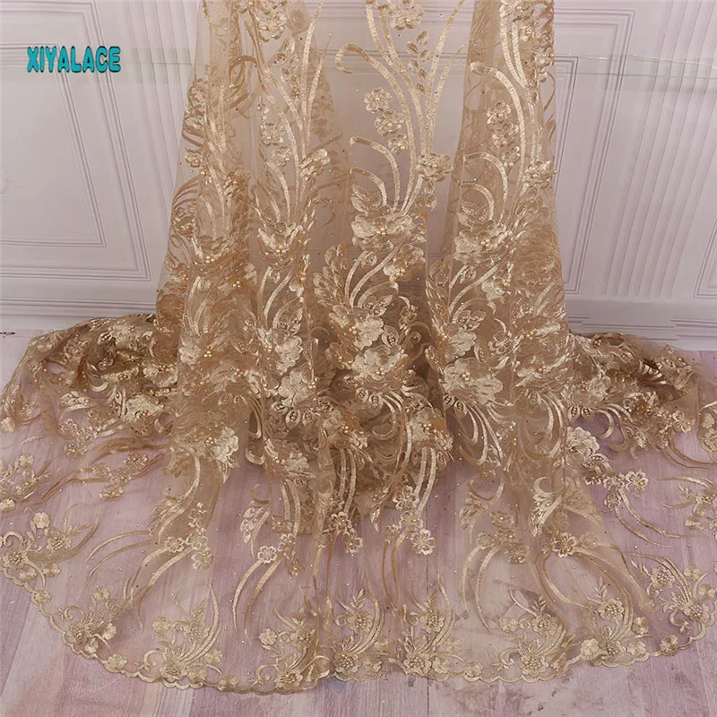 African lace fabric Beads Lace Fabric Embroidered Nigerian Net Laces Fabric Bridal High Quality French Tulle YA2258B-1