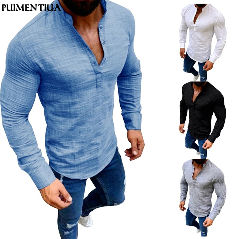 

Puimentiua Men's Casual Blouse Cotton Linen Shirt Loose Tops Short Sleeve Tee Shirt Spring Autumn Summer Casual Handsome Shirt
