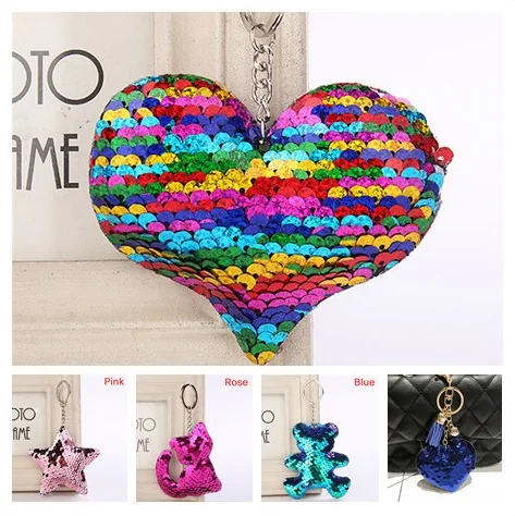 Cute Sequins Key Ring For Women Glitter Bear/Heart/Cat/Star Shape Chain Handbag Purse Pendants Gifts Girls | Украшения и