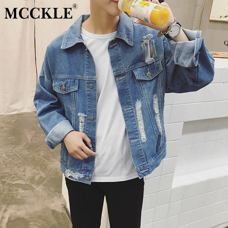 Hip Hop Ripped Loose Men's Denim Jacket Coats Long Sleeve Vintage Jeans