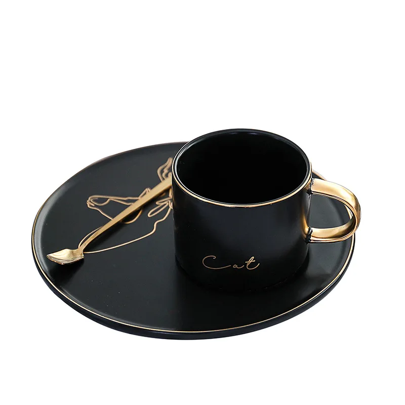 Позолоченная черная кофейная чашка, креативная керамическая чашка и блюдце, кофейная чашка и блюдце, три набора, ложка, офисный поднос, керамическая чашка, кружка