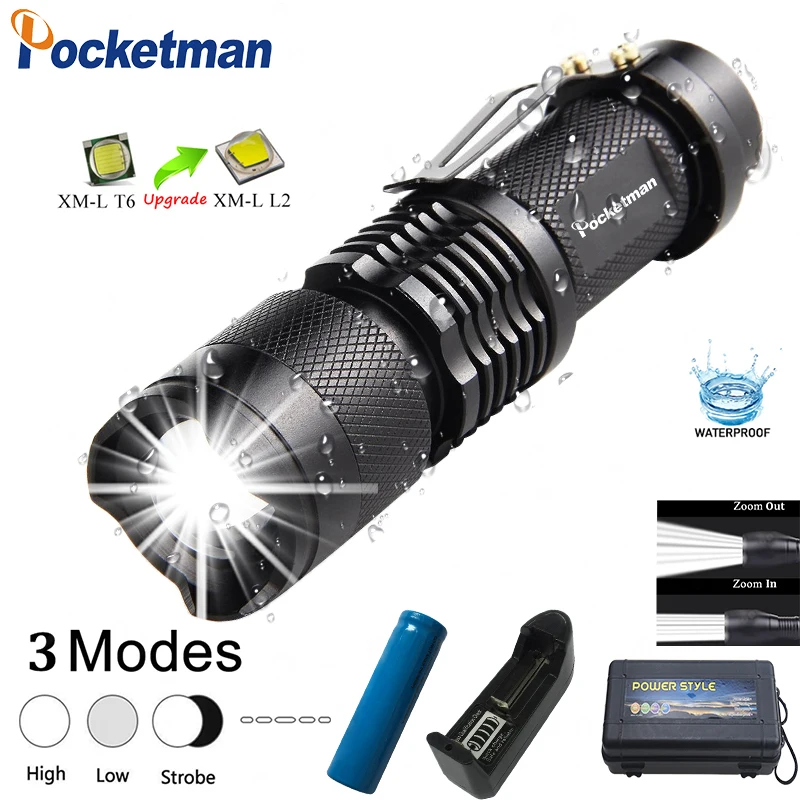 

8000LM Mini L2 LED Flashlight Q5 T6 LED Torch Adjustable Focus Zoom Flash Light Lamp use 14500 and 18650 battery Give gift