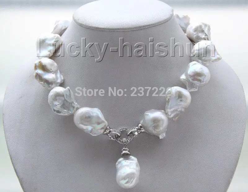 

HOT## Wholesale price > ^^uster 17" 28mm white Reborn keshi pearls necklace Platinum Plated clasp j9487