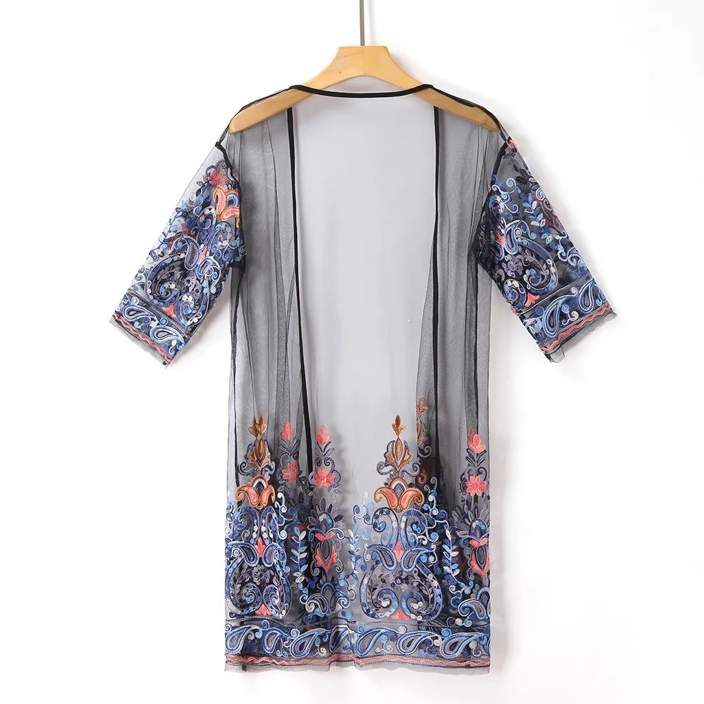 Summer Fashion Floral Embroidery Mesh Kimono Blouse Top Cardigan Blouses Beach Tops Female Women 3/4 Long Sleeve Blusa Femininas