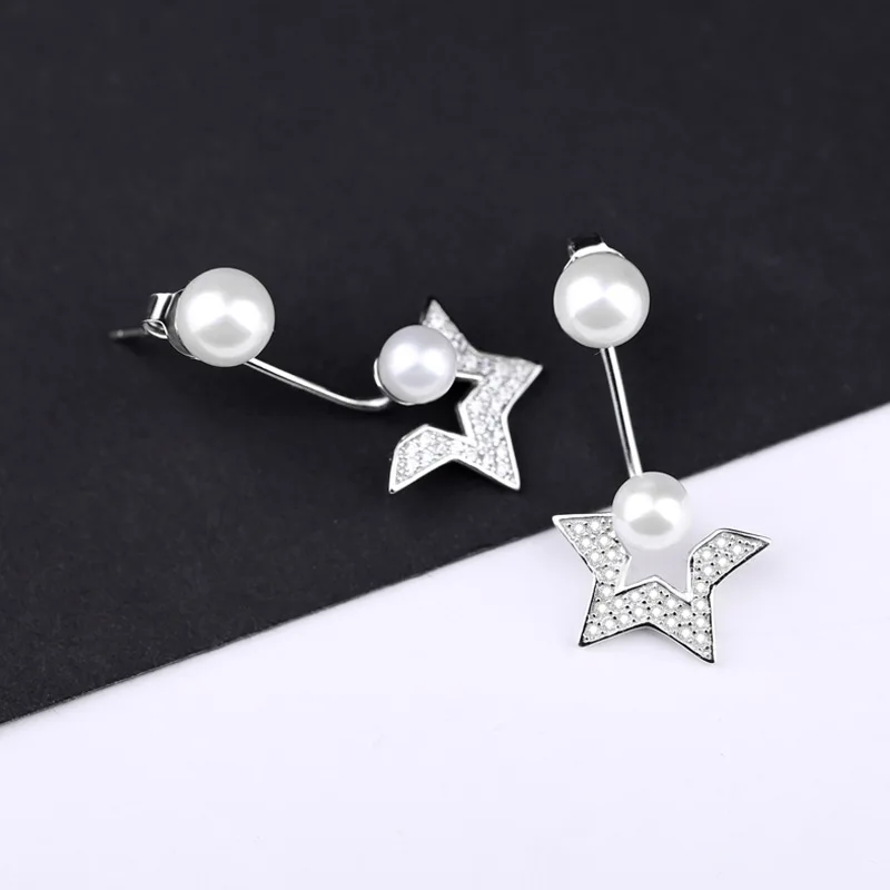 

Elegant CZ Star Shell Pearl 925 Silver Dangling Earrings