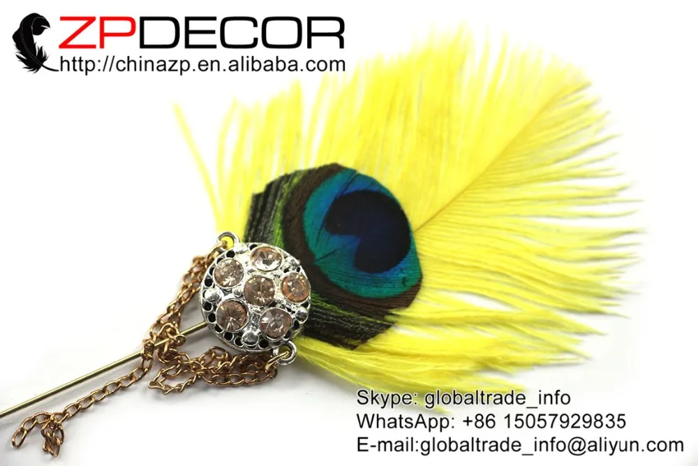 14_ yellow Ostrich Feather Handmade Lapel Pin with Crystal Brooch (1)