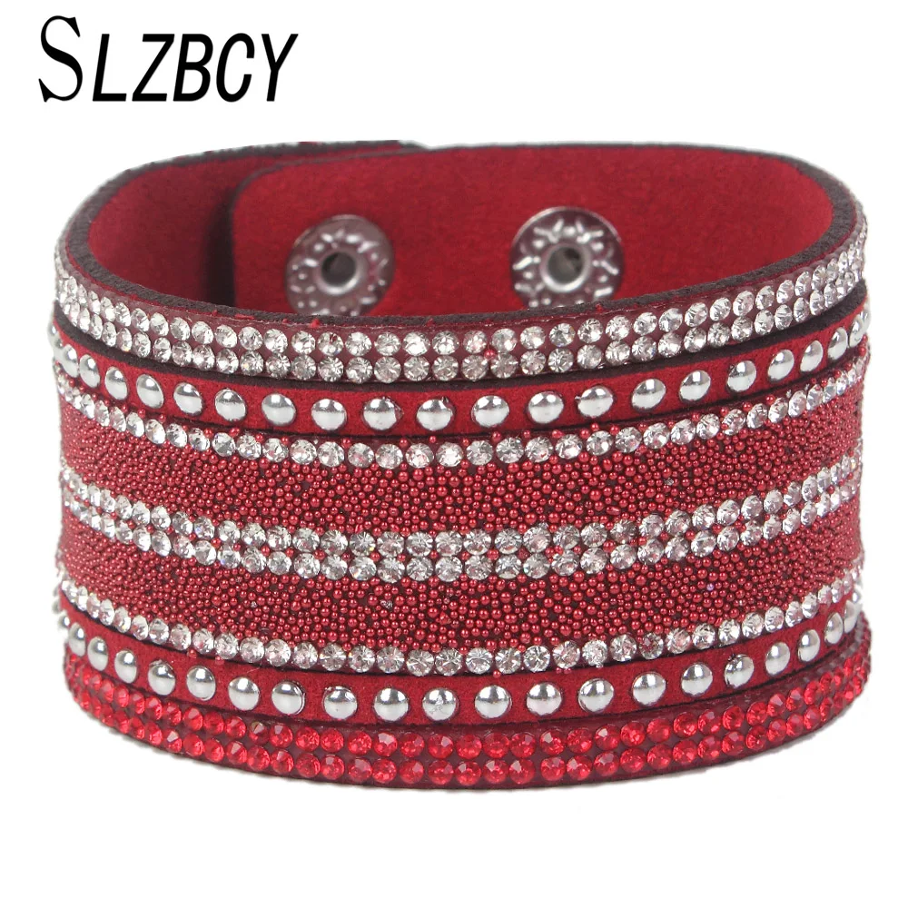 SLZBCY Rhinestones Rivet Multilayer Velvet Leather Wide Bracelet&Bangle
