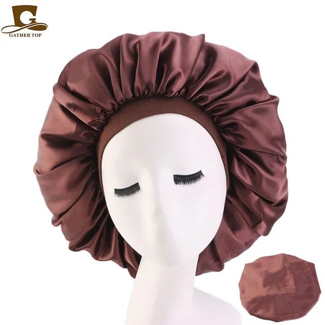 New Women Big Size Beauty print Satin Silky Bonnet Sleep Night Cap Head Cover Bonnet Hat for For Curly Springy Hair Black 405A Coffee