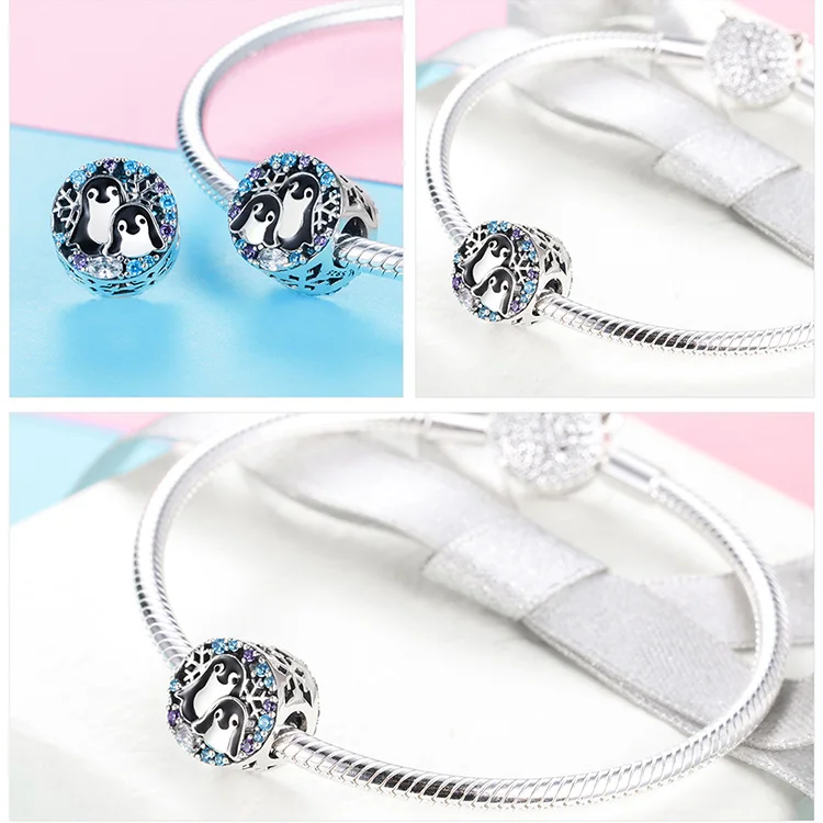 925 Silver fit Pandora Bracelet Pink Zircon Goat Deer Penguin Green Clover Tree Box Beads White&Blue CZ Heart Shell Anchor Charm