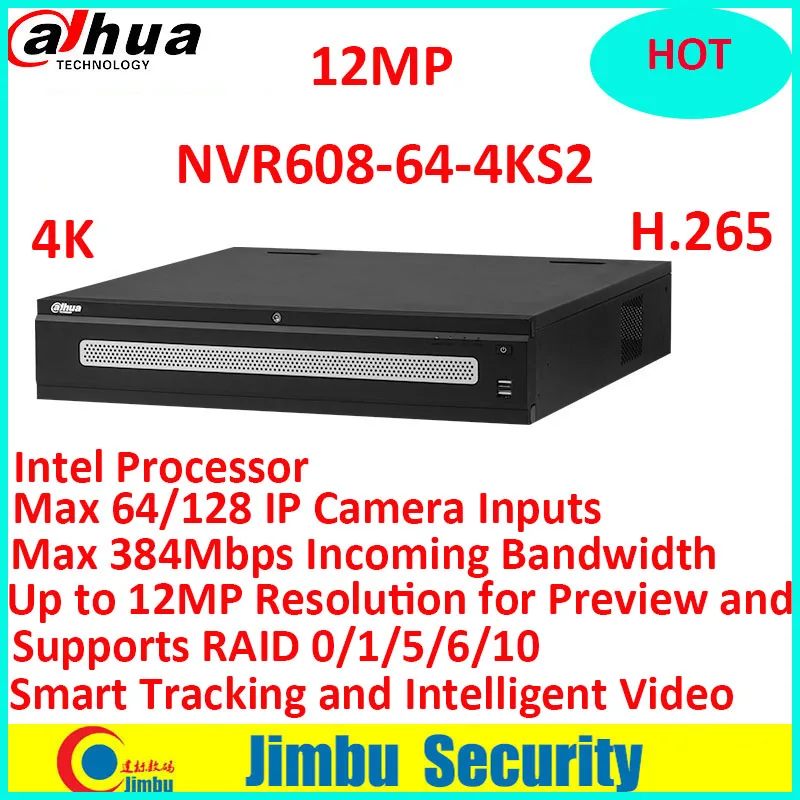 

Dahua NVR 64ch 4K H.265 Video Recorder NVR608-64-4KS2 Up to 12MP Resolution for Preview and Playback Smart Tracking