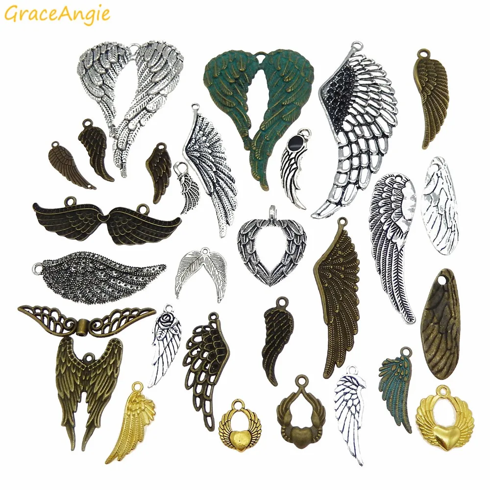 GraceAngie 15 шт. сплав цинка Ассорти крылья перо Форма винтажные Подвески смешанный