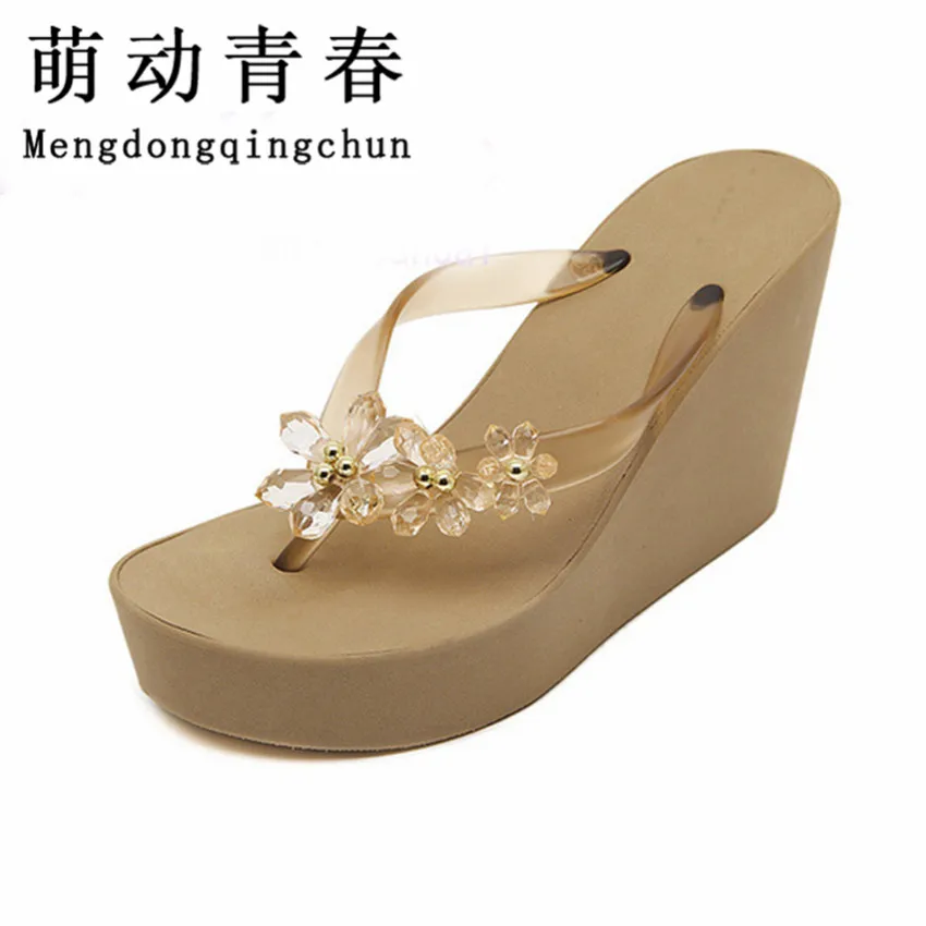 Женские пляжные сандалии летние женская обувь со стразами Вьетнамки Клин обувь Тапочки Босоножки на платформе и высоких каблуках Sapatos Femininos