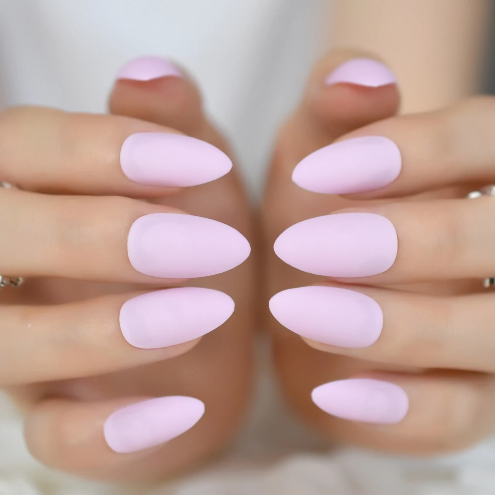 Matte Soft Pink Stiletto Fake Nails Almond Pointed Press on Oval Frosted Fu...
