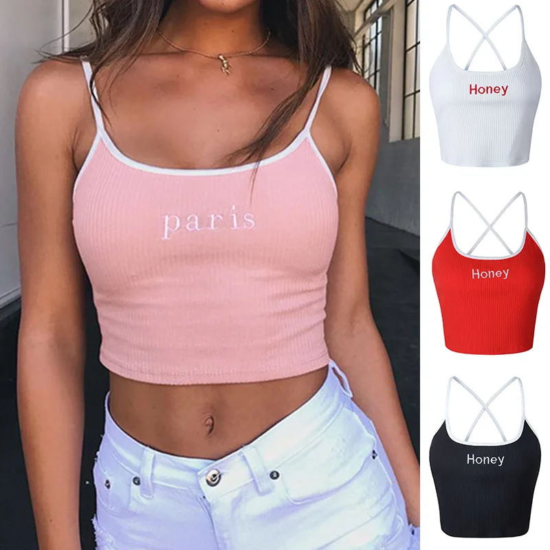 Summer Womens Letter Strap Vest Lady Casual Holiday Blouse Tops Cami Tank Vest