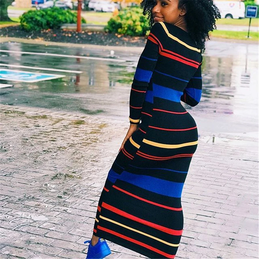 BAIBAZIN New Autumn African Woman Dress Digital Print Long Sleeve Tricolor Striped Dress