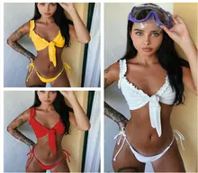 White Red Solid Shoulder Ruffle Top With Tie Side Bottoms Bikini Set Women Sexy Beach Vacation Swimsuit Front knot swimwear knot side ruffle skirt