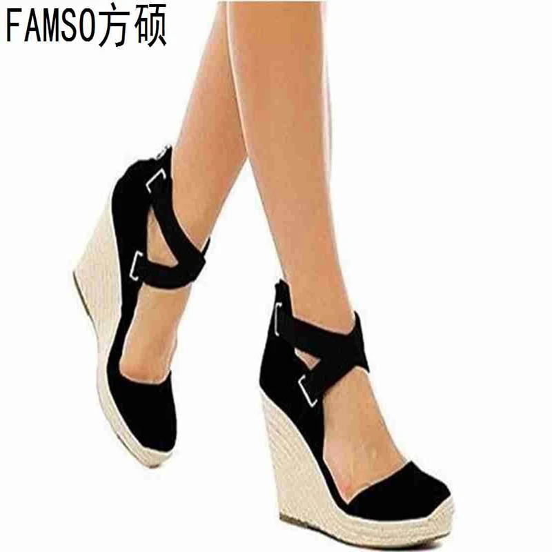 

FAMSO 2019 New Shoes Women Sandals Black blue Round Toe Wedges High Heels Platforms Pumps Retro Style Summer Lady Party Sandals