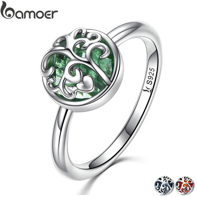 BAMOER Real 925 Sterling Silver Tree of Life Finger Ring Crystal Leaf Rings For BAMOER Real 925 Sterling Silver Tree of Life Finger Ring Crystal Leaf Rings For