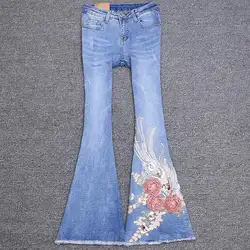 2018 новые модные цветочные аппликации пайетки street casual flare Джинсовые брюки леди бисером красивые flare Джинсы