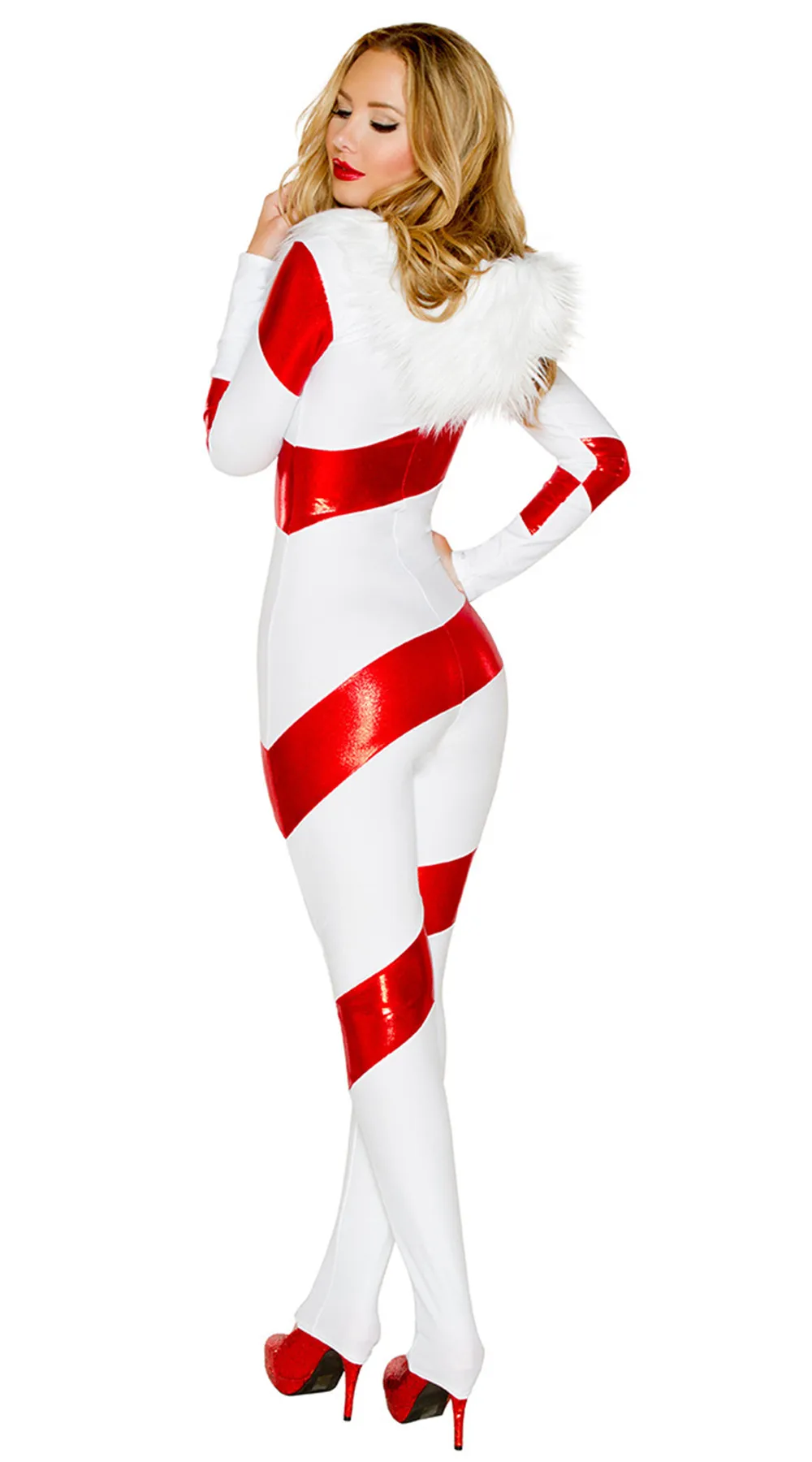 TOLINA Cosplay Women Deluxe Sexy Santa Candy Hooded Jumpsuit Costume Miss Claus Christmas Xmas Sweet White Red Stripe Fancy Dress -Cosplayware Store