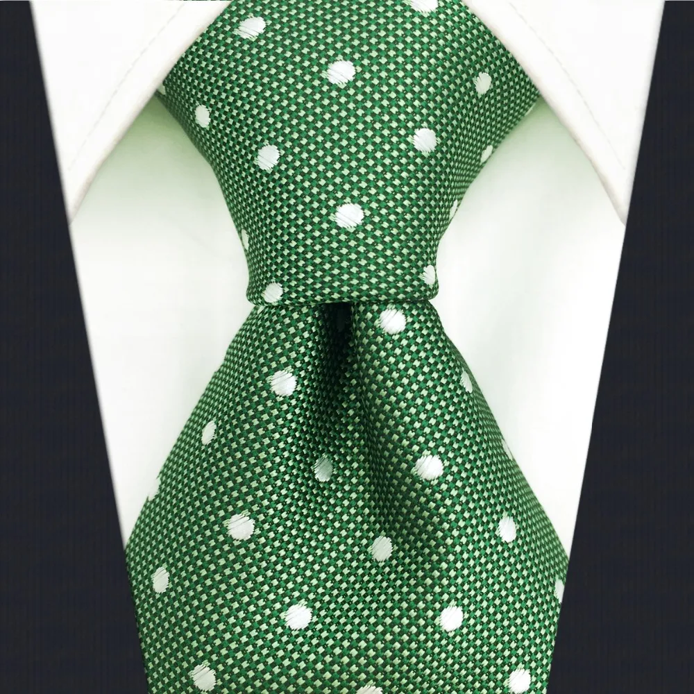 E21 Green Polka Dots Silk Mens Necktie Set Classic Fashion Ties for Male Brand New Accessory Hanky Extra Long Size