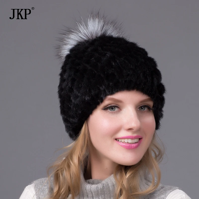 

Hot sale real mink fur hat for women winter knitted mink fur beanies cap with fox fur pom poms 2018 brand new thick female cap