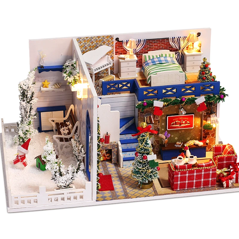 

Blue Christmas Doll House Miniature Scene Wooden Puzzle DIY Toys Dollhouse Furniture Toys for Children Christmas Birthday Gifts