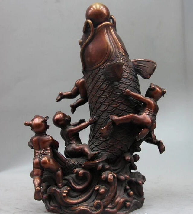 

China Bronze Copper Feng Shui Mascot Child Boy Play Fish Carp Statue Sculpture