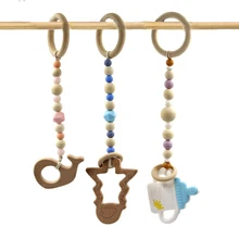 

3pc/lot Baby Wood Teether Toys Silicone Charms Baby Bedding Crib Mobile Gym Stroller Teething Toy Wooden Ring T0352