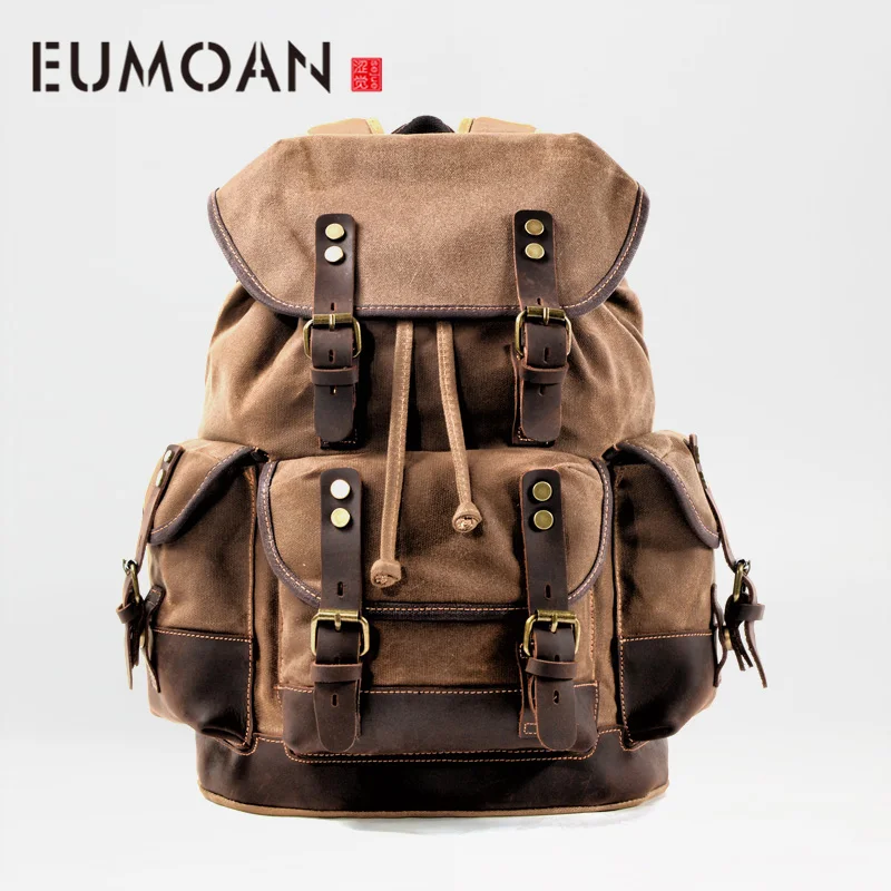 

EUMOAN Multifunctional compound pepper salt shoulder bag, military wind retro canvas cowhide large capacity men's backpack