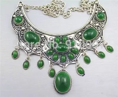 

HH##OLD DECORATED HANDWORK TIBETAN TIBET SILVER GREEN NECKLACE TRIBAL JEWELRY