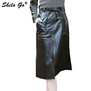 

Leather Skirts Womens Spring Fashion sheepskin genuine leather Skirts bow tie belt side pocket Casual pencil skirts