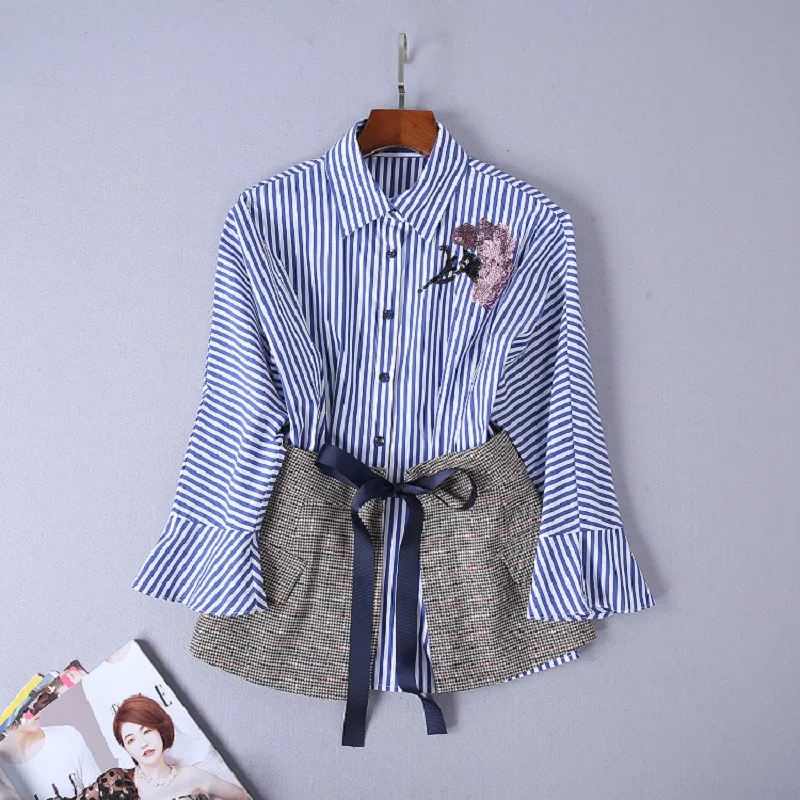 Top Quaity New Designer Set Clothing Women Sequined Tops Striped Shirt+Vintage Plaid Mini Skirt+Wide Leg Pants & Capris Set 3pc Women's Sets