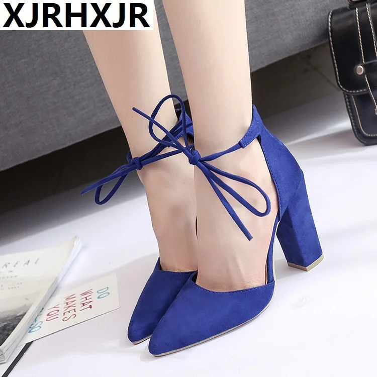 

XJRHXJR 2018 Closed Toe Women Thick Heels Sandals Brand Designer Fashion Lace Up Pointed Toe High Heels Sandals Shoes For Women