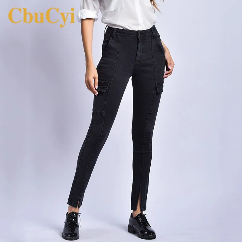 Plus Size Fashion Women High Waist Pants Stretch Black Denim Jeans Womens Vintage Skinny Casual Jeans Trousers Slit Leg Pants