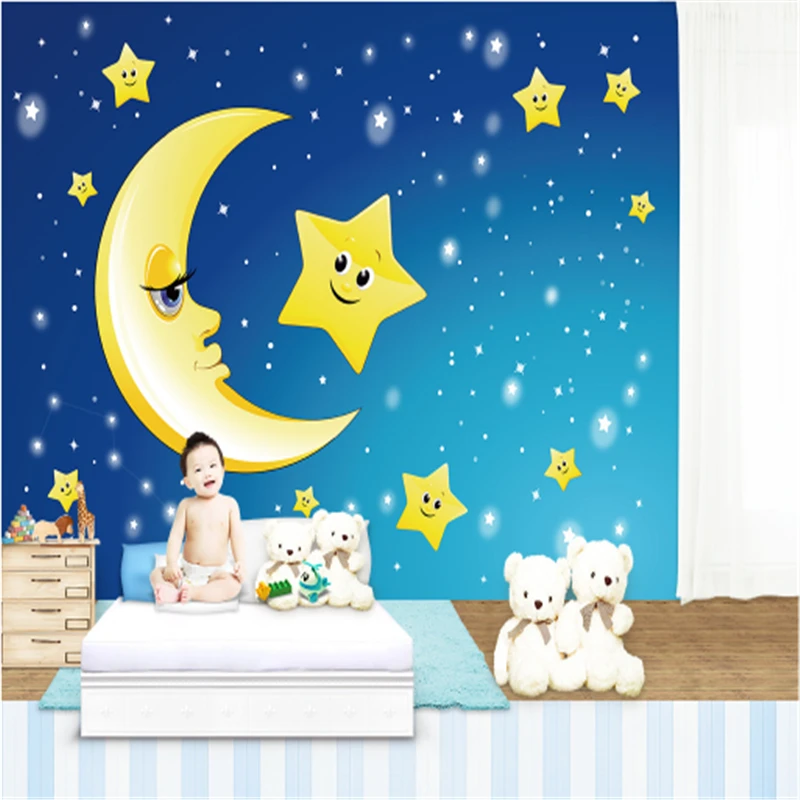 

Customize Blue 3D Wallpaper Cartoon Star Moon Cute Environmental Protection Interior Wallpaper Boys for Kid's Bedroom Bathroom