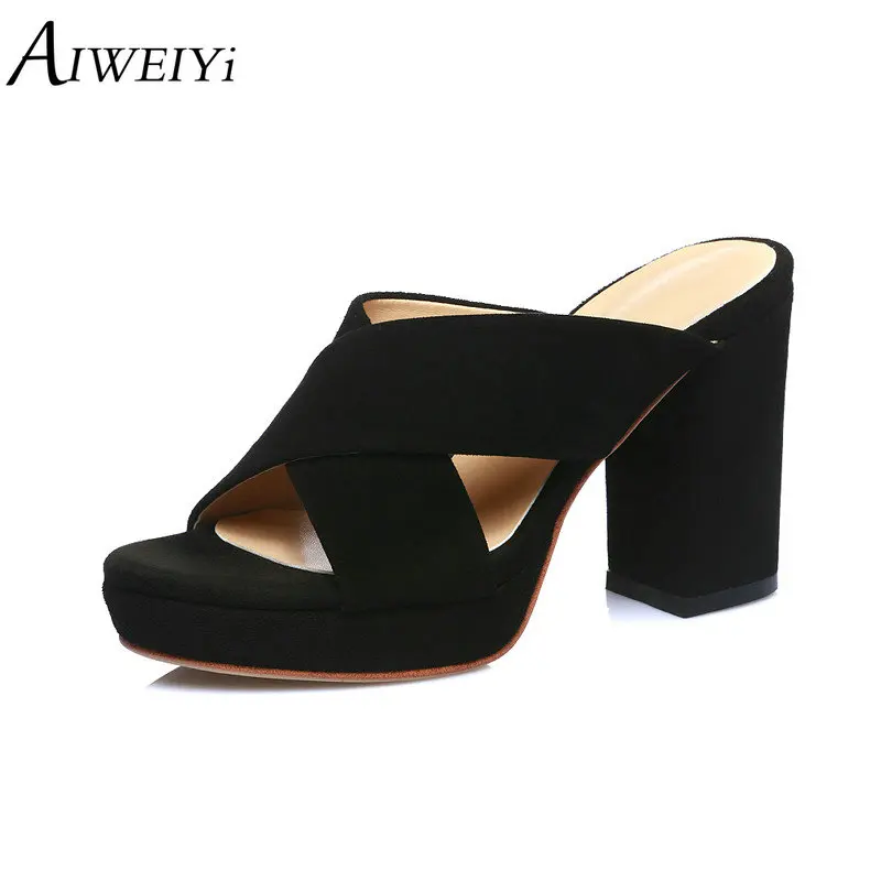 

AIWEIYi Genuine Leather Women Slippers Square High Heel Shoes Woman Summer Slippers Sexy Open toe Platform Mules Shoes