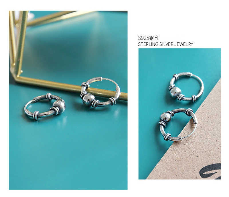 HFYK, 925 пробы, серебряные серьги,, винтажные круглые серьги для женщин, черное серебро, серьги-кольца, букле, d'oreille femme