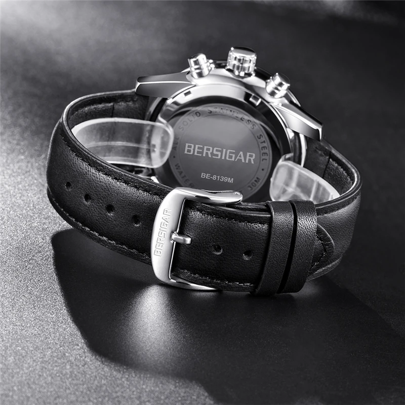 Herenhorloge BERSIGAR Мужские часы с черным кожаным ремешком спортивные хронографом