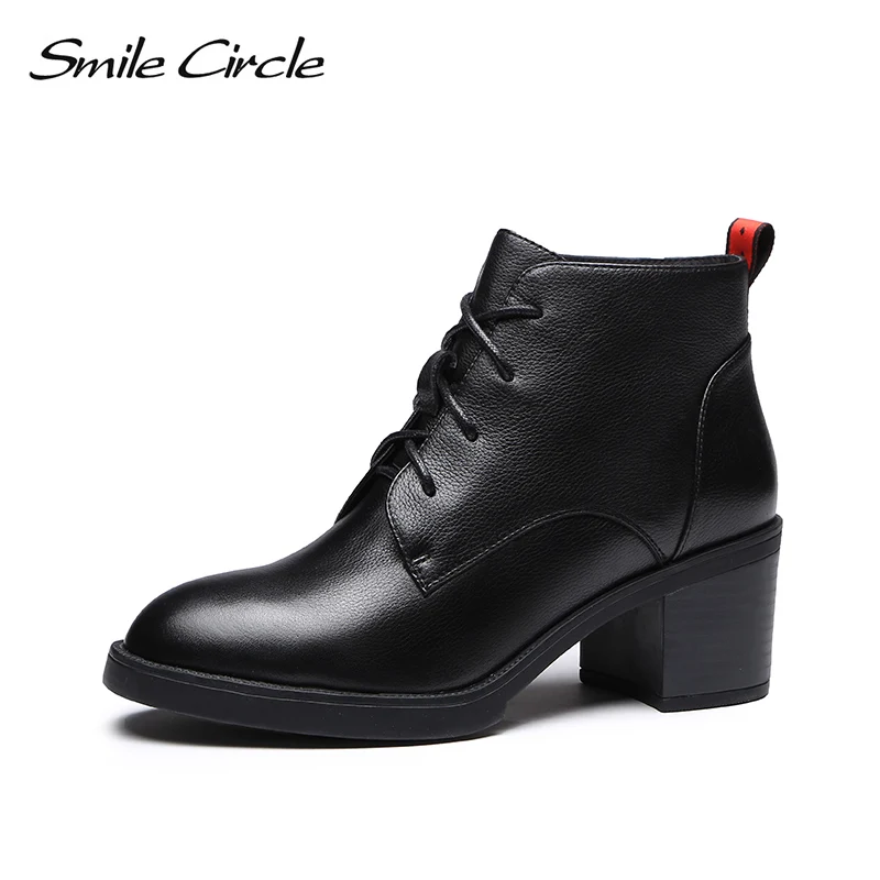 

Smile Circle High-quality High heel Ankle Boots women Genuine Leather Simple Ladies Lace-Up Short Boots shoes 2018 Autumn boots