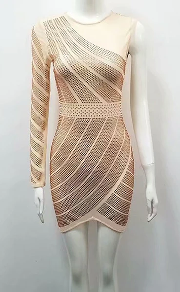 Премиум платье с длинным рукавом на одно плечо с кристаллами модное сексуальное облегающее мини платье Vestidos вечерние платья знаменитостей - Цвет: Шампанское