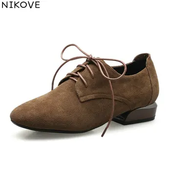 

NIKOVE 2018 Out Door Square Toe Casual Low Heels Women Pumps Shoes Western Style Lace Up Square Heels Ladies Shoes Size 34-43