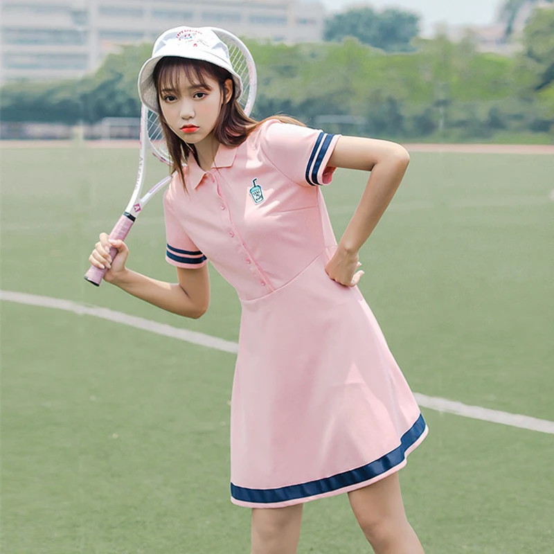 

Korean Sports Dress Button Collar Cotton Striped Badminton Polo T-Shirt Female Summer Girls High School Student Tennis Dresses