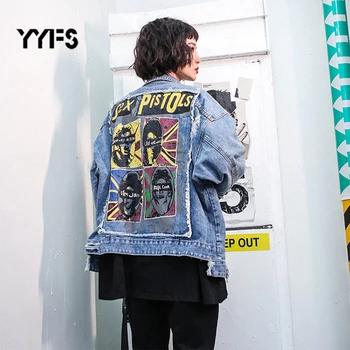 

YYFS 2019 Vintage Funny Print Jean Jacket Women Ripped Hole Long Sleeve Bomber Jackets Casual Spring Autumn Street Denim Jackets