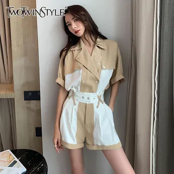 

TWOTIWNSTYLE Casual Hit Color Female Two Piece Set Lapel Collar Short Sleeve Shirt High Waist With Sashes Shorts Women Suit 2020