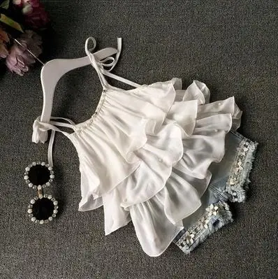 2016 Summer Korean children s clothing girls suit Chiffon cake sling pants 2pcs pearl flower halter