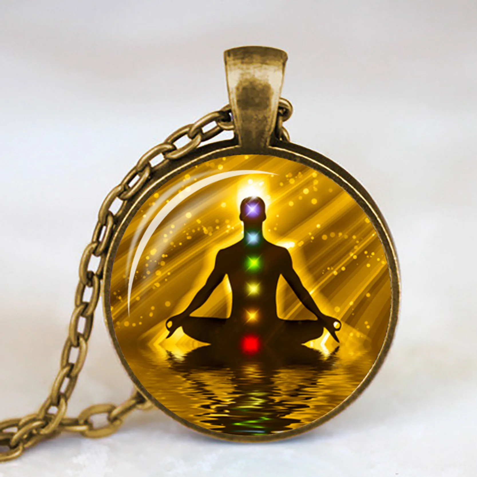 

Chakra Reiki Healing Necklace Buddha Yoga Meditation Pendant Spiritual Om Symbol Indian Jewelry Bronze Chain Statement Necklace